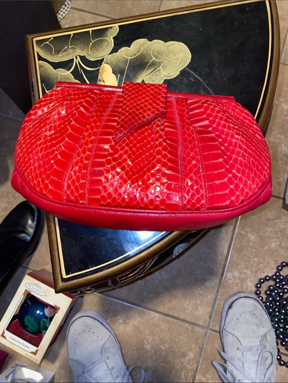 Vintage Red Snake-Embossed Evening Clutch